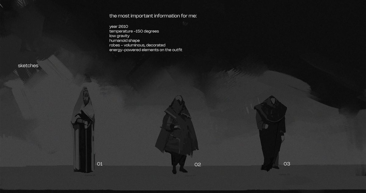 Initial character sketches — alien humanoid inhabitant concepts for sci-fi world set in 2610